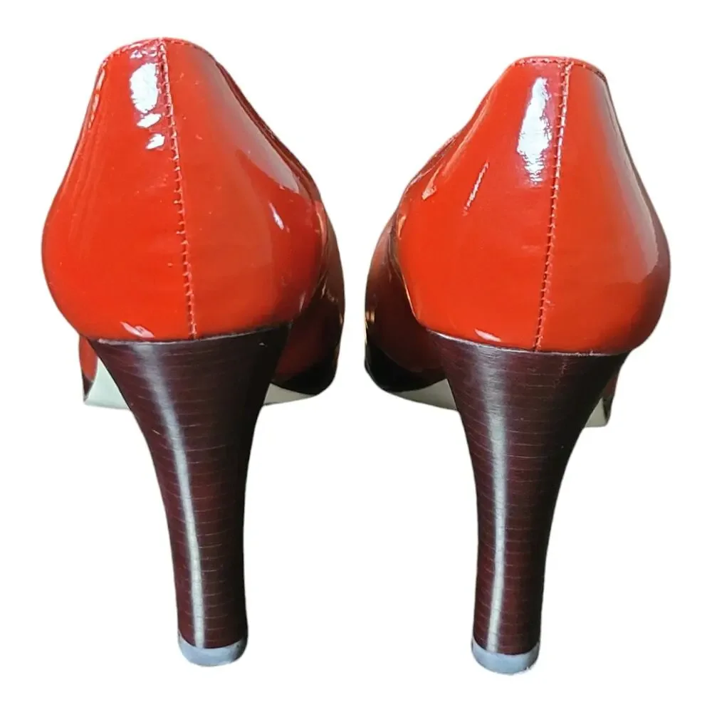 Jessica Simpson Red Patent Leather Round Toe Platform Wood Heels Stelletto Pumps